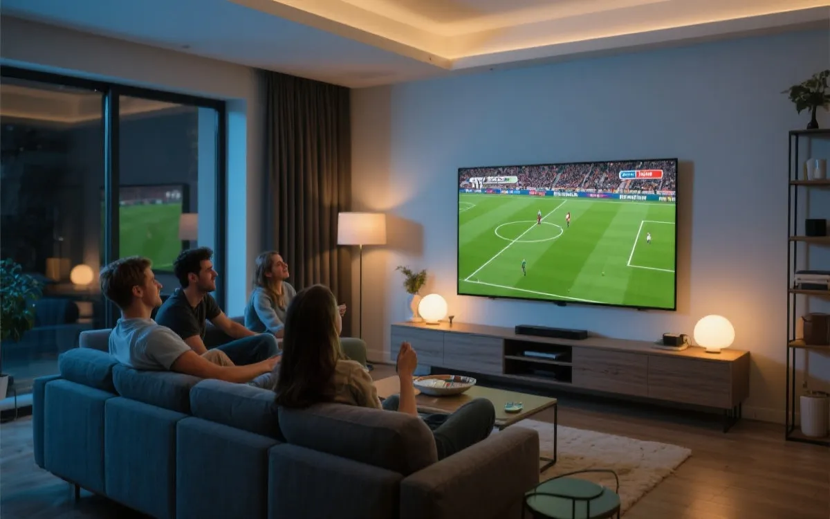 大屏观看世界杯的家庭场景示意图