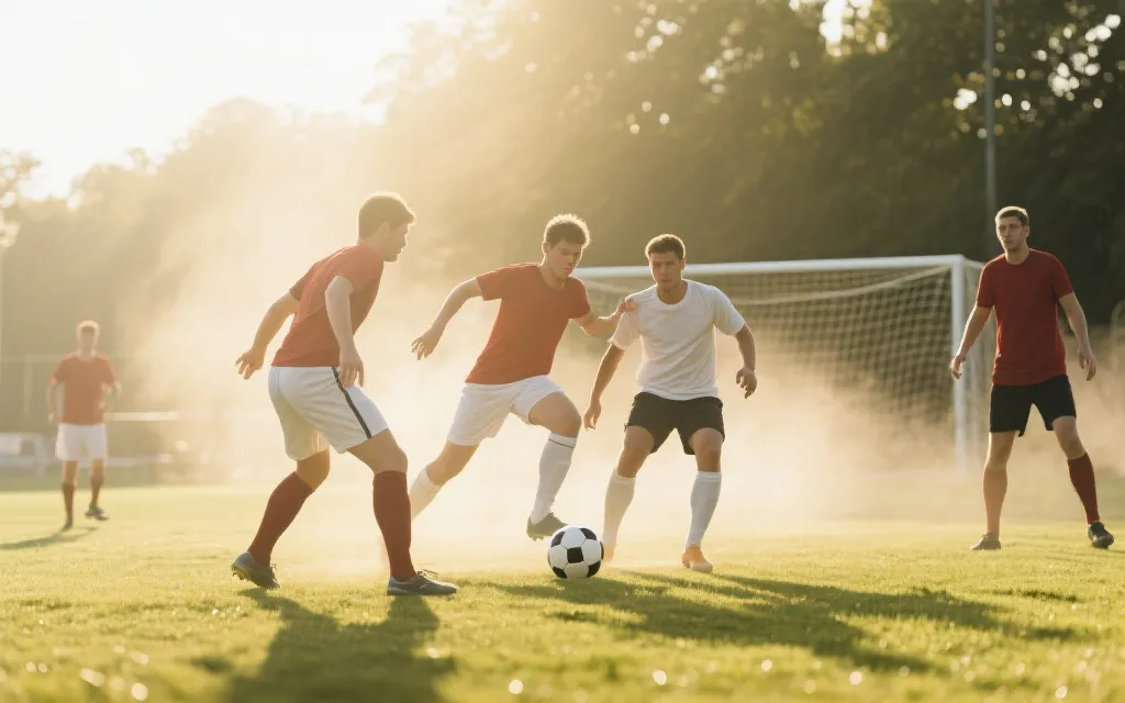 高温夏季球场中激烈对抗的足球比赛画面