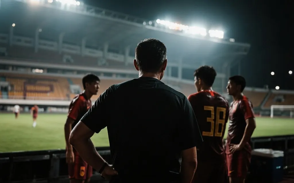 训练场边的教练与球员，远处灯光与看台轮廓，赛前紧张氛围