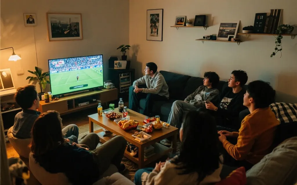 合租客厅多人围坐观看比赛,电视投屏与零食桌,温暖生活化氛围